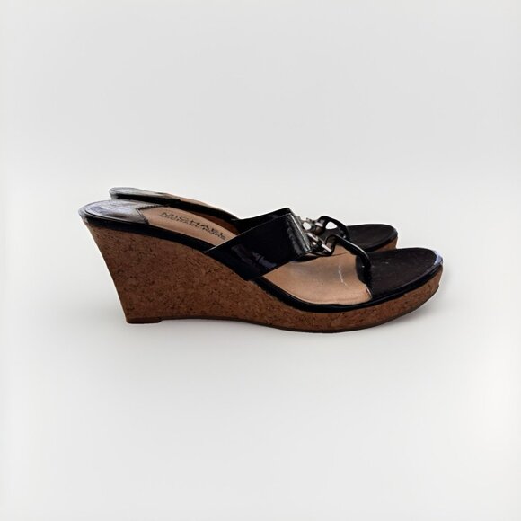 MIchael Michael Kors Palm Beach Black Patent Wedge Thong Sandal size 7 - Picture 1 of 7